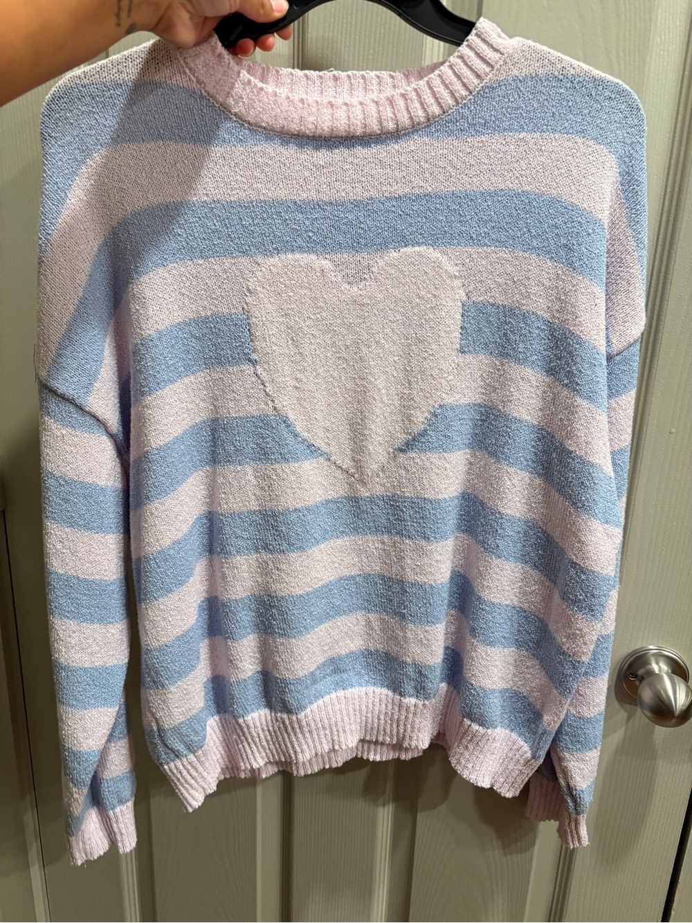 Le Lis Striped Heart Knit Sweater - Pastel Pink & Light Blue